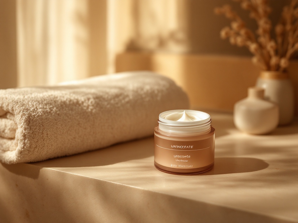An open jar of unscented moisturizer beside a folded towel on a warm neutral counter