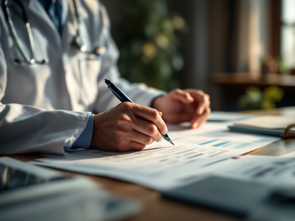 A surgeon's hands reviewing a patient chart and documents at a desk in a bright office
