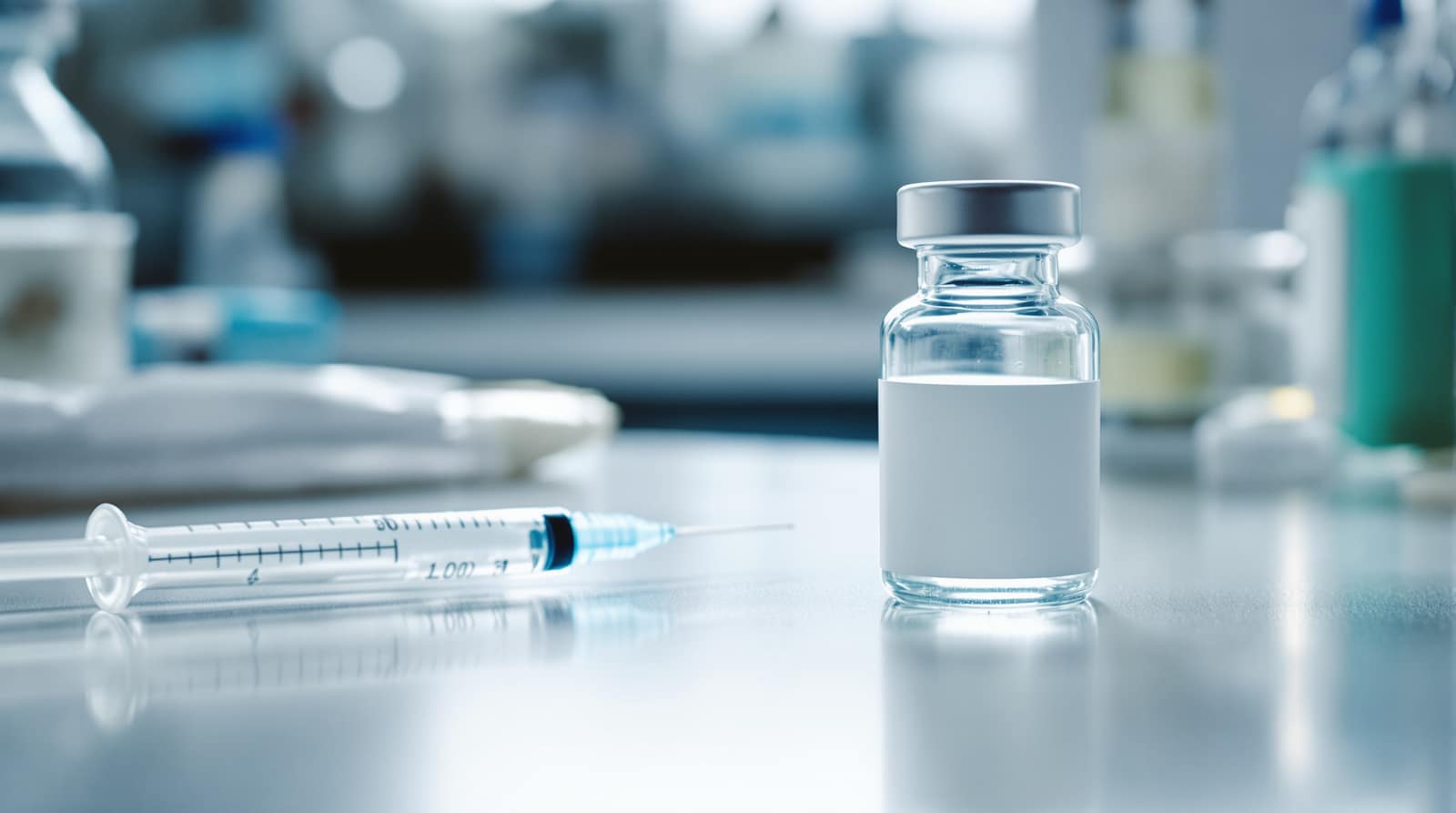 A small unlabeled glass medication vial and a syringe on a clean pharmacy lab bench in soft light