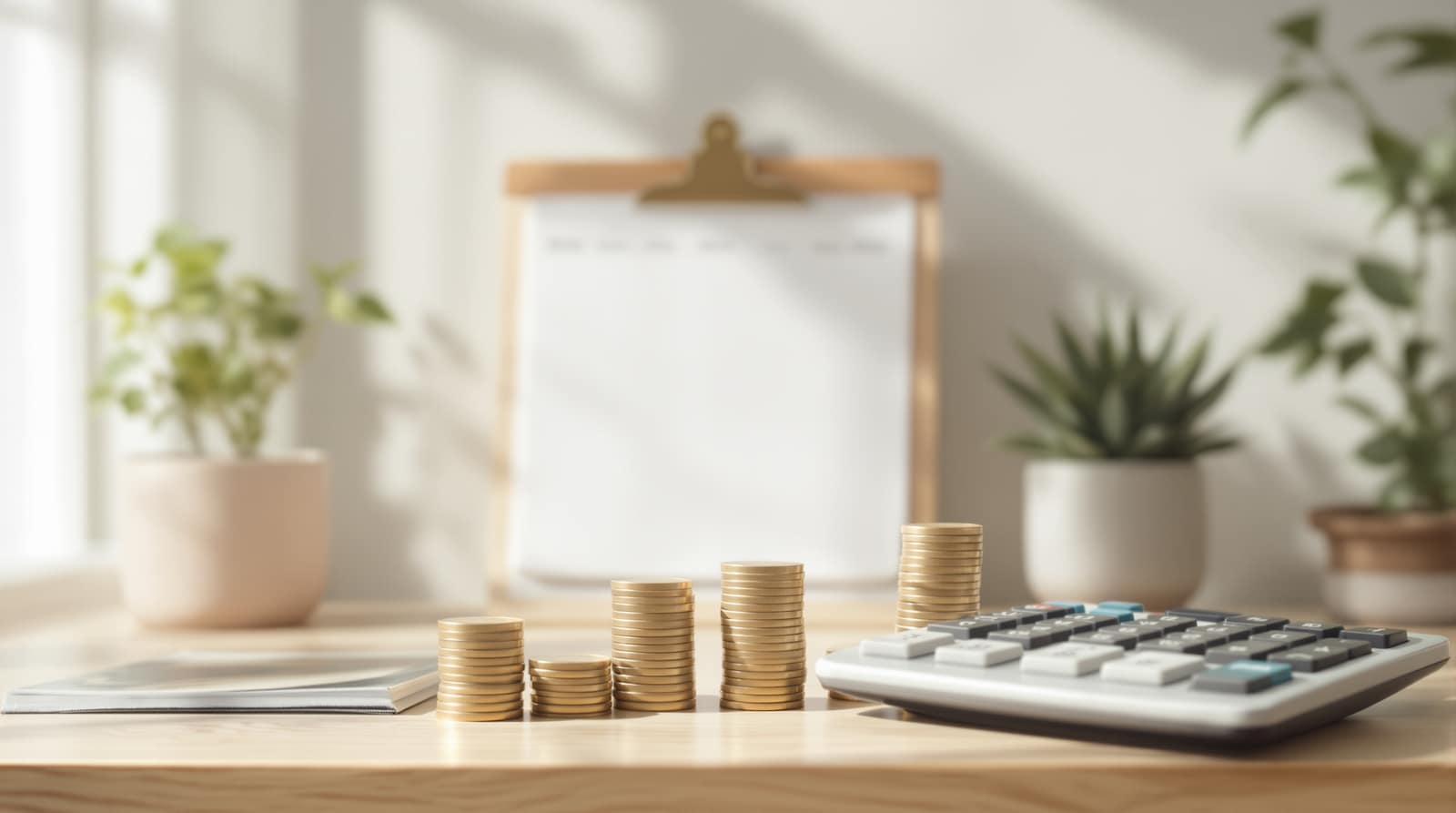 A calculator, stacked coins and a wall calendar on a wooden desk in soft daylight