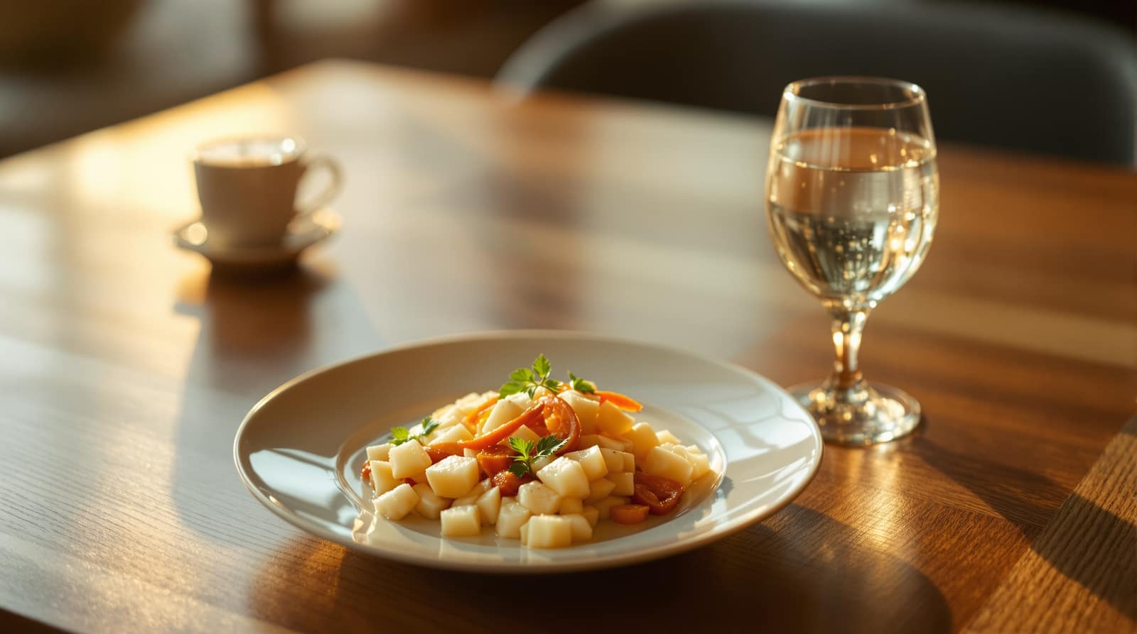 A small elegantly plated dish beside a glass of sparkling water on a warm restaurant table in soft evening light