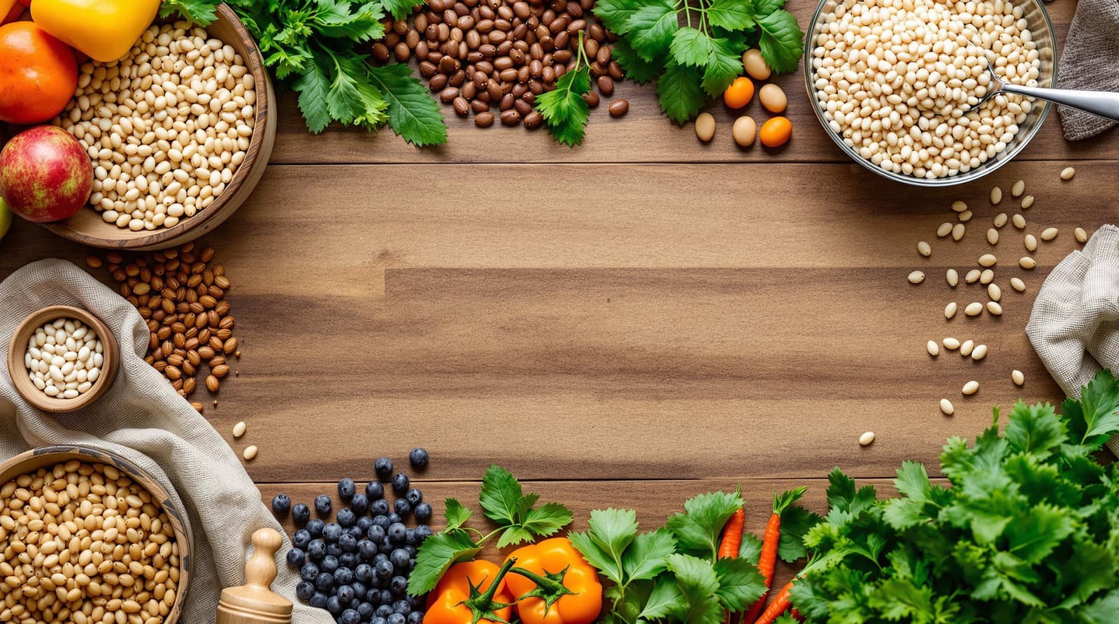 An overhead flat lay of whole grains, beans, vegetables and fruit on a rustic wood board in natural light