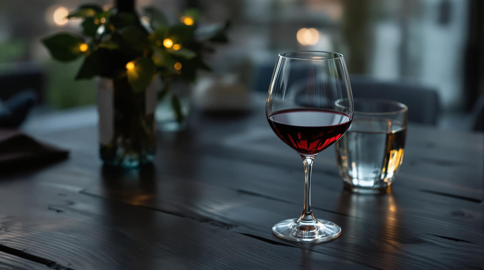 A single glass of red wine beside a glass of water on a dark wooden table in soft evening light