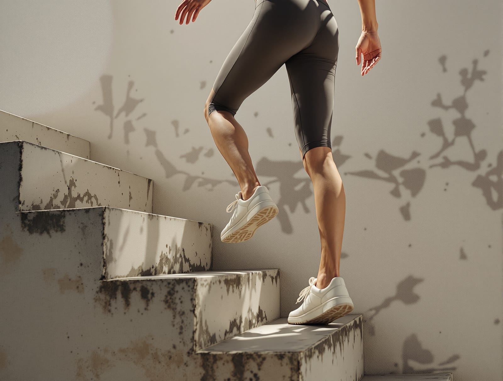 A person mid-stride climbing sunlit outdoor stairs, candid documentary shot in warm natural light
