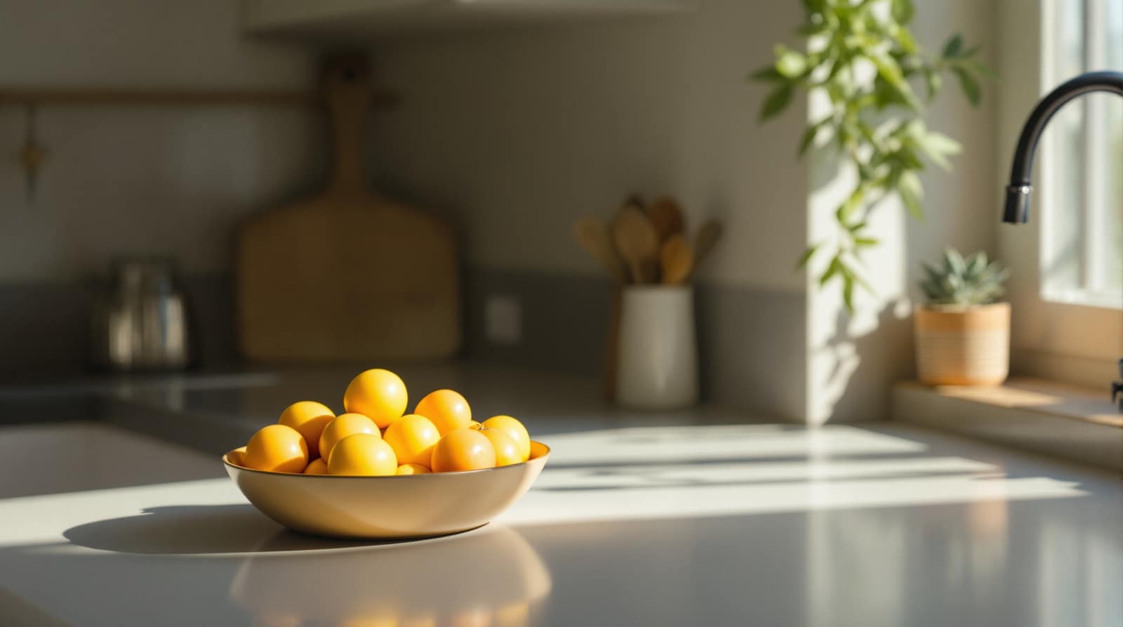 A quiet minimalist kitchen with a single bowl of fresh fruit on the counter in soft light