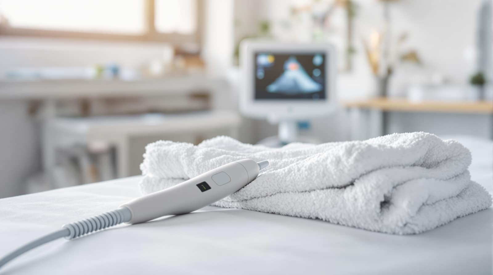 A clinical ultrasound machine with its probe resting on a clean exam table in a bright modern clinic