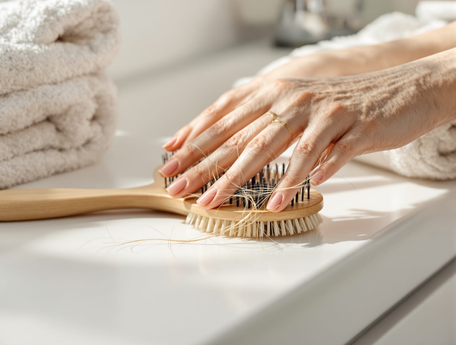 A close-up of a hairbrush with a few loose strands resting on a clean bathroom counter in soft morning light