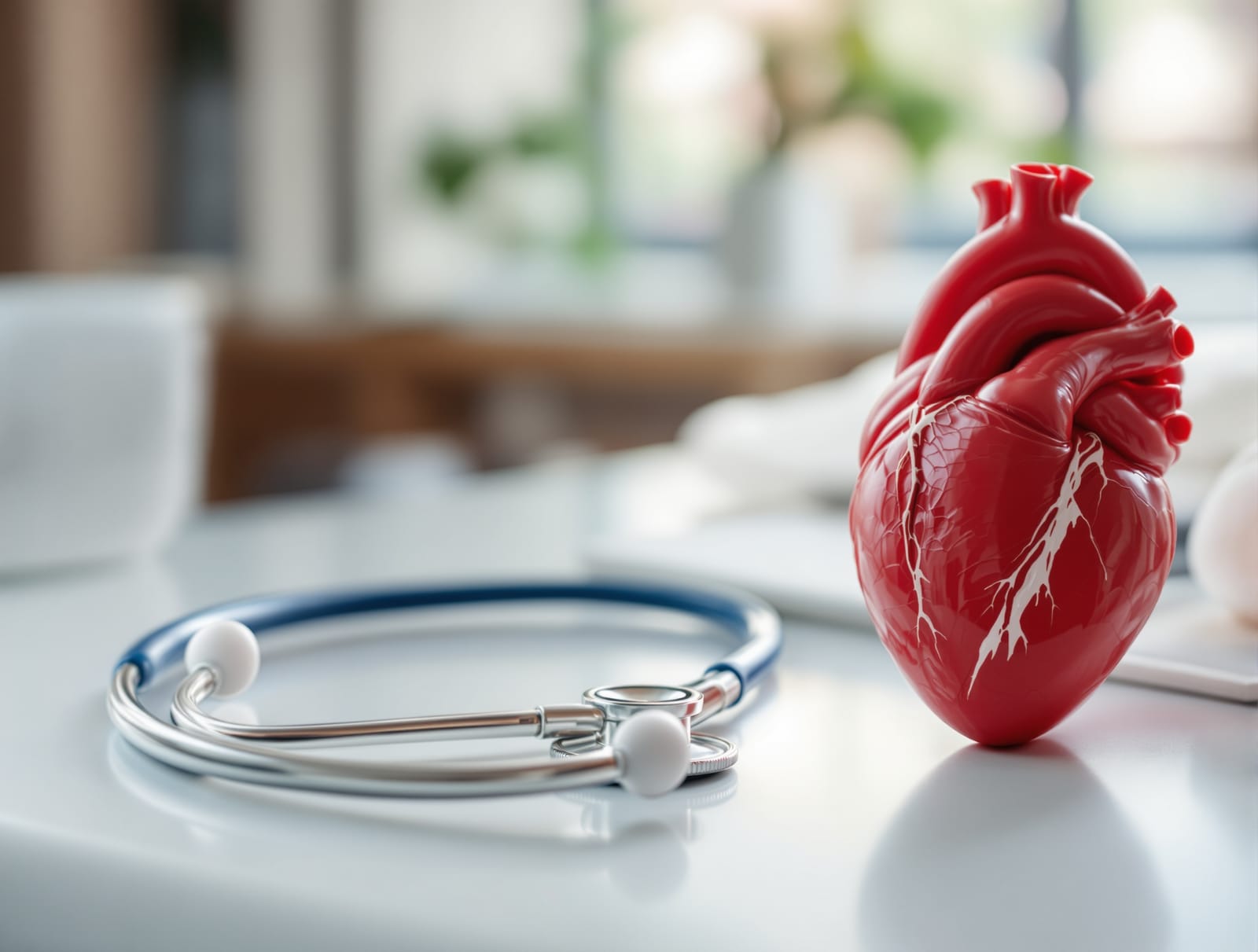 A stethoscope resting beside a small red anatomical heart model on a clean clinic desk in soft daylight