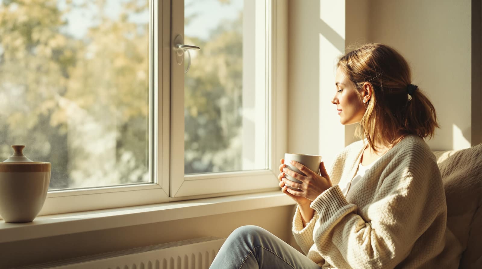 A person sitting calmly by a sunlit window holding a warm mug, candid lifestyle shot in soft light