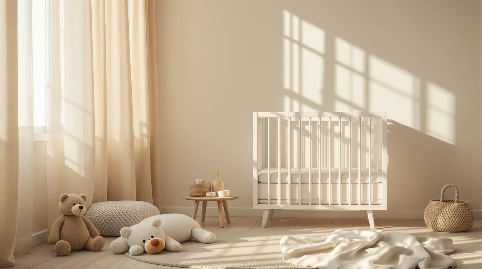 A calm nursery corner with a white crib and warm morning light through sheer curtains