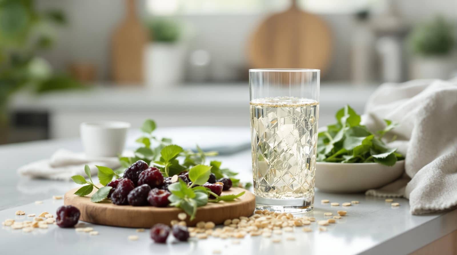 A glass of water and fiber-rich whole foods on a light kitchen counter in natural light