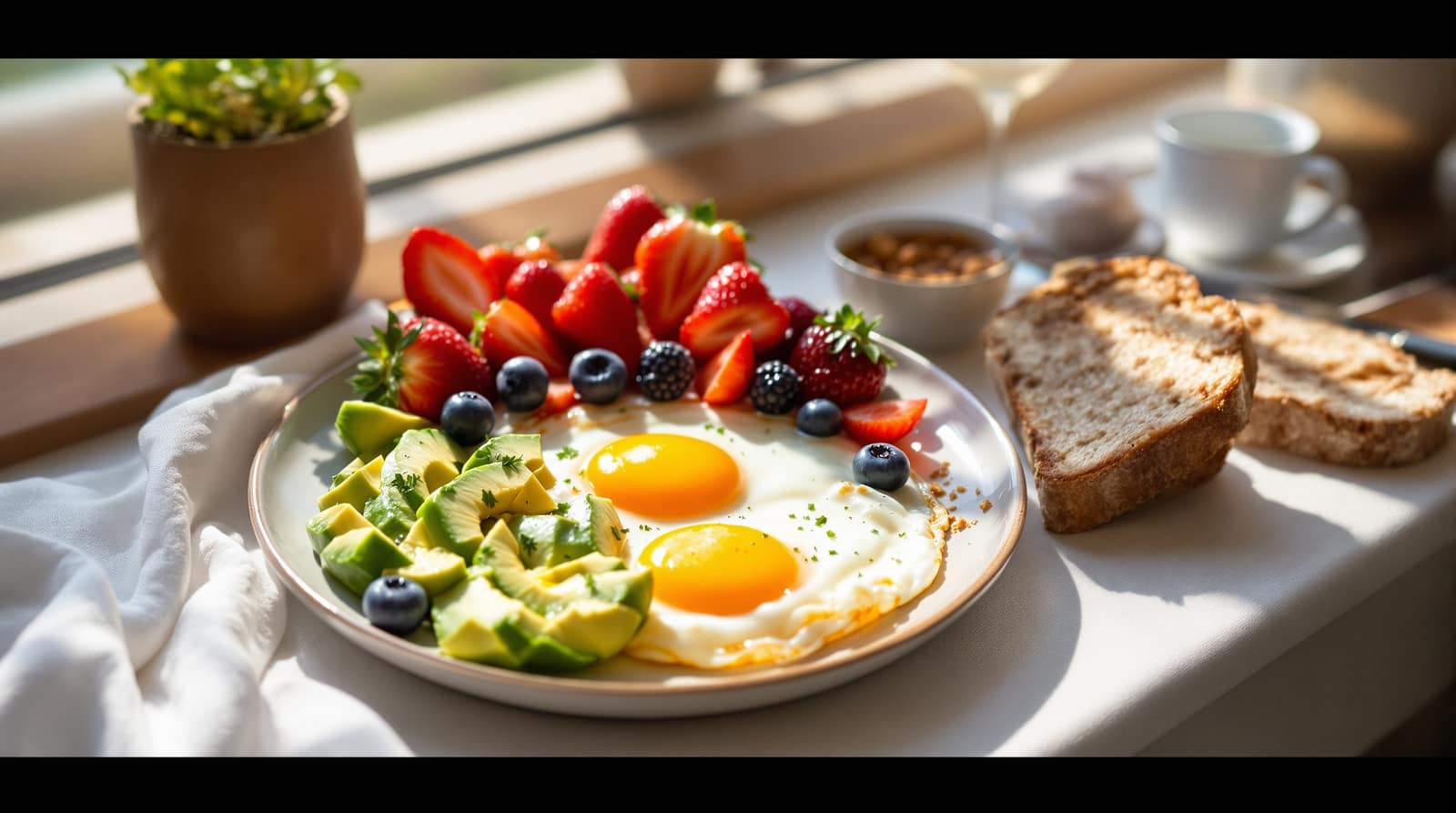 A handheld glucose monitor beside a healthy balanced breakfast on a table in soft morning light