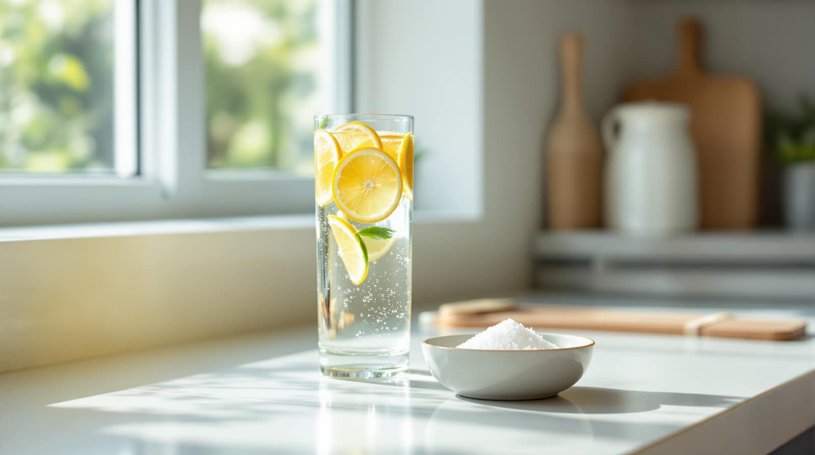 A tall glass of water with citrus slices beside a small dish of salt on a bright kitchen counter