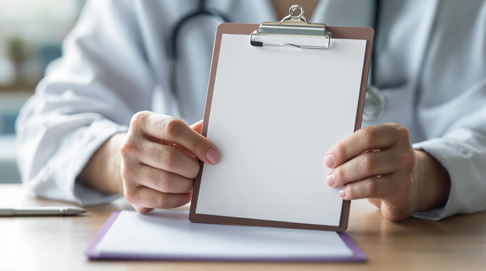 A clinician's hands holding a clipboard at a desk in a bright modern office in soft daylight