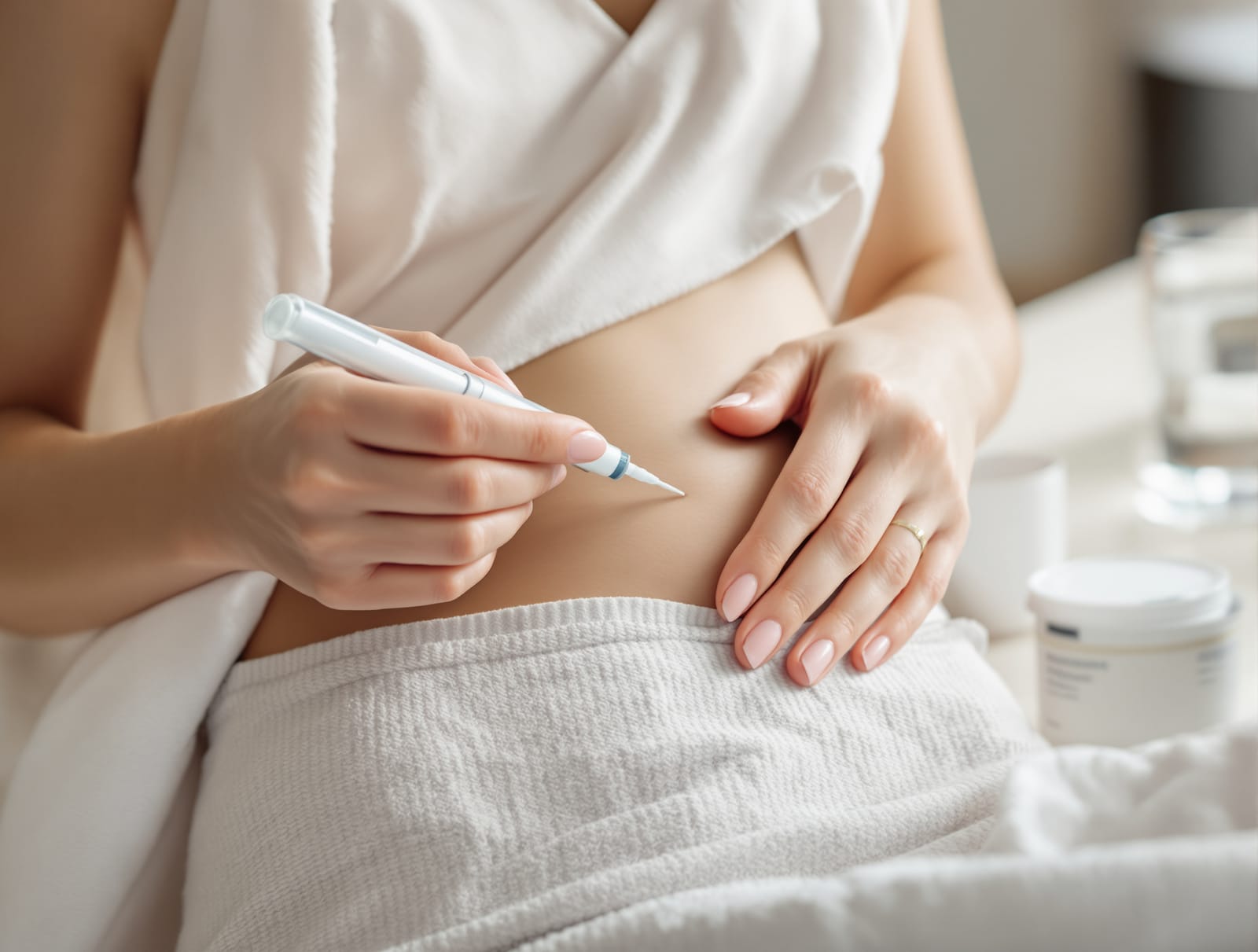 Close-up of a woman's hands holding a plain white unbranded weekly injection pen against her lower abdomen at a kitchen table, alcohol swab and small sharps container out of focus in soft window light.