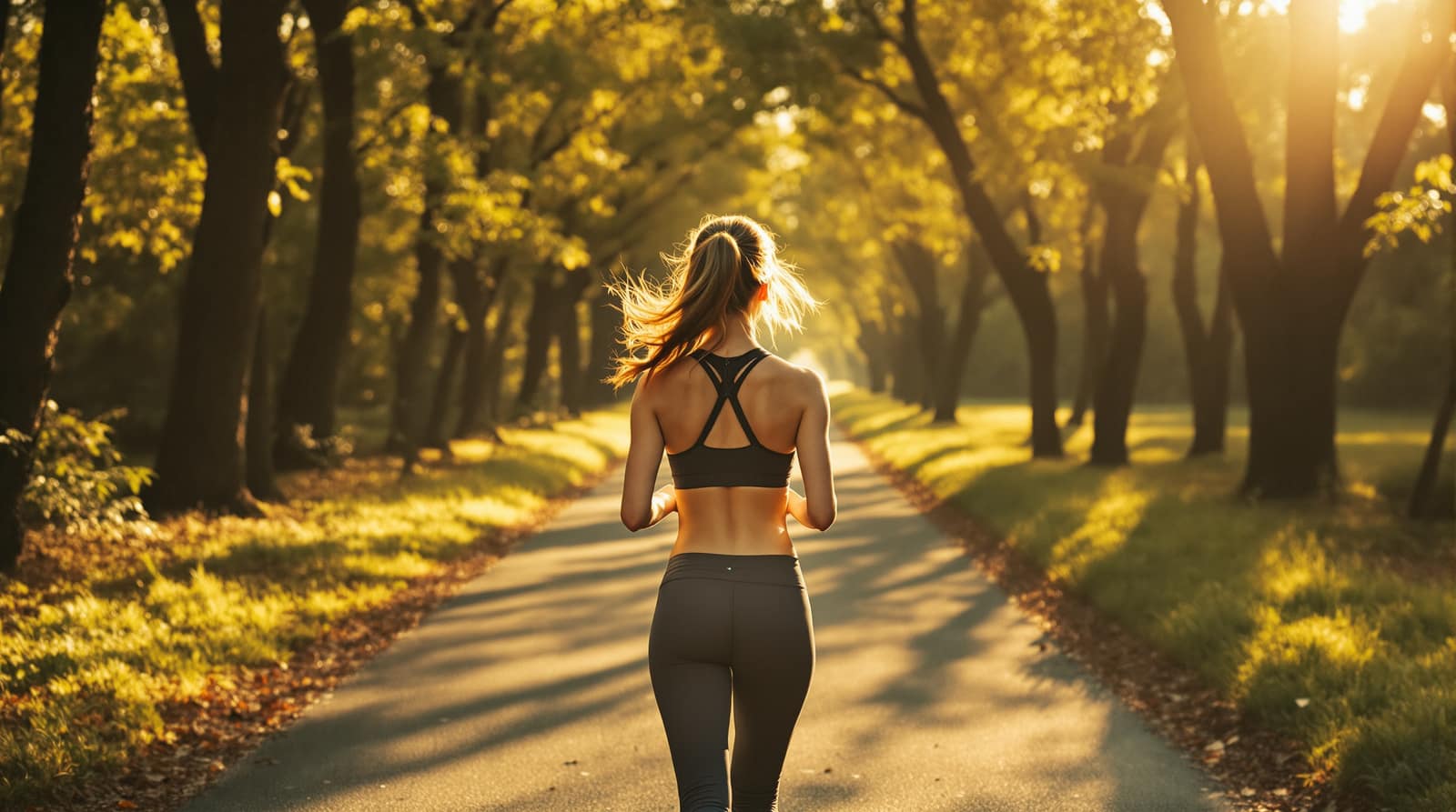 A person in athletic wear walking on a sunlit tree-lined path seen from behind in warm light