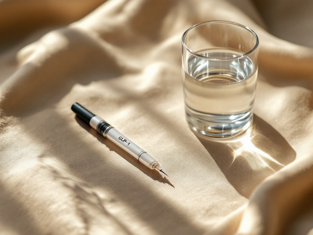 A single GLP-1 injection pen on a clean linen surface beside a glass of water in soft morning light