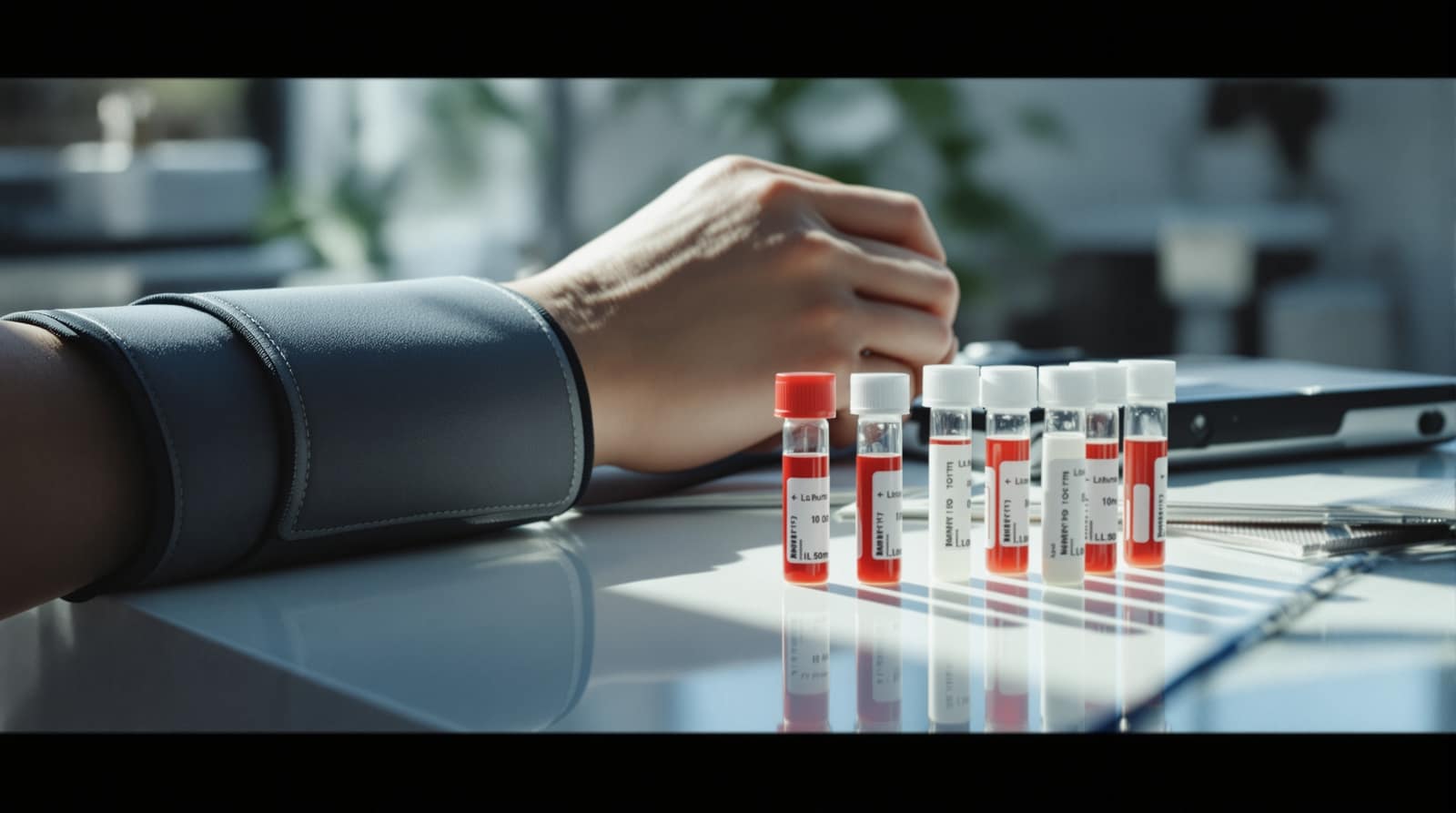 A blood pressure cuff and small lab blood tubes on a clean clinic table in soft daylight
