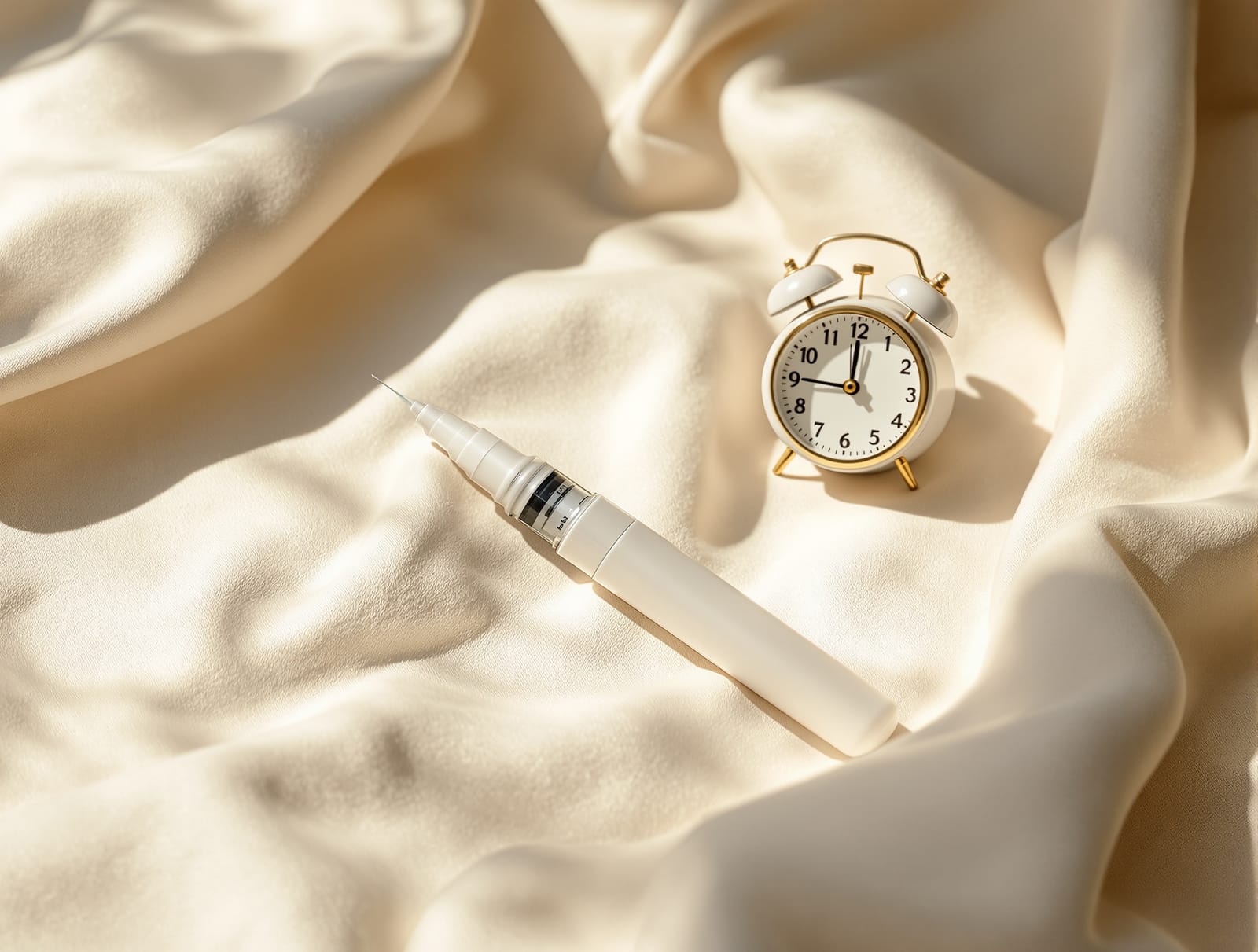 An unbranded medical injection pen beside a small round analog clock on a clean linen tabletop in soft morning light