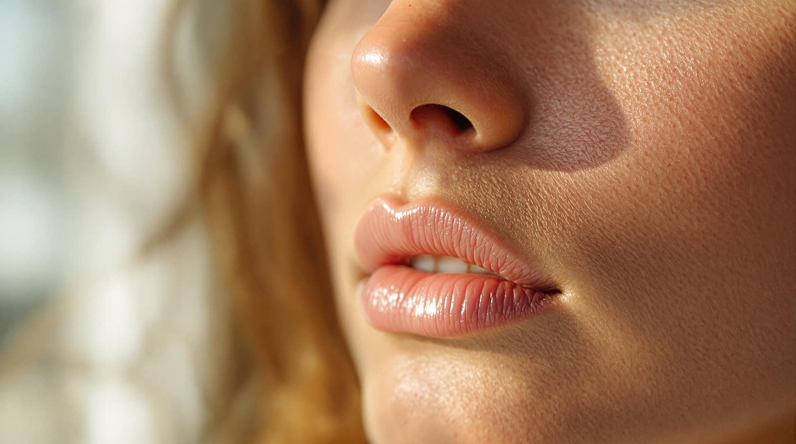 An extreme macro of healthy natural facial skin texture in soft daylight, beauty editorial