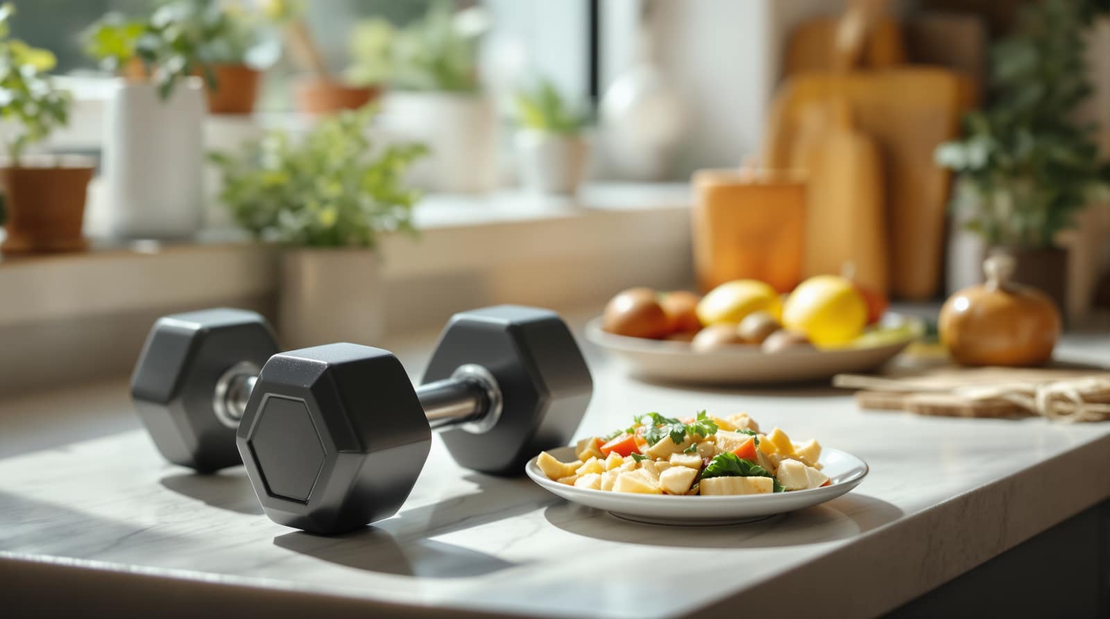 A pair of dumbbells beside a protein-rich plate of food on a bright kitchen counter