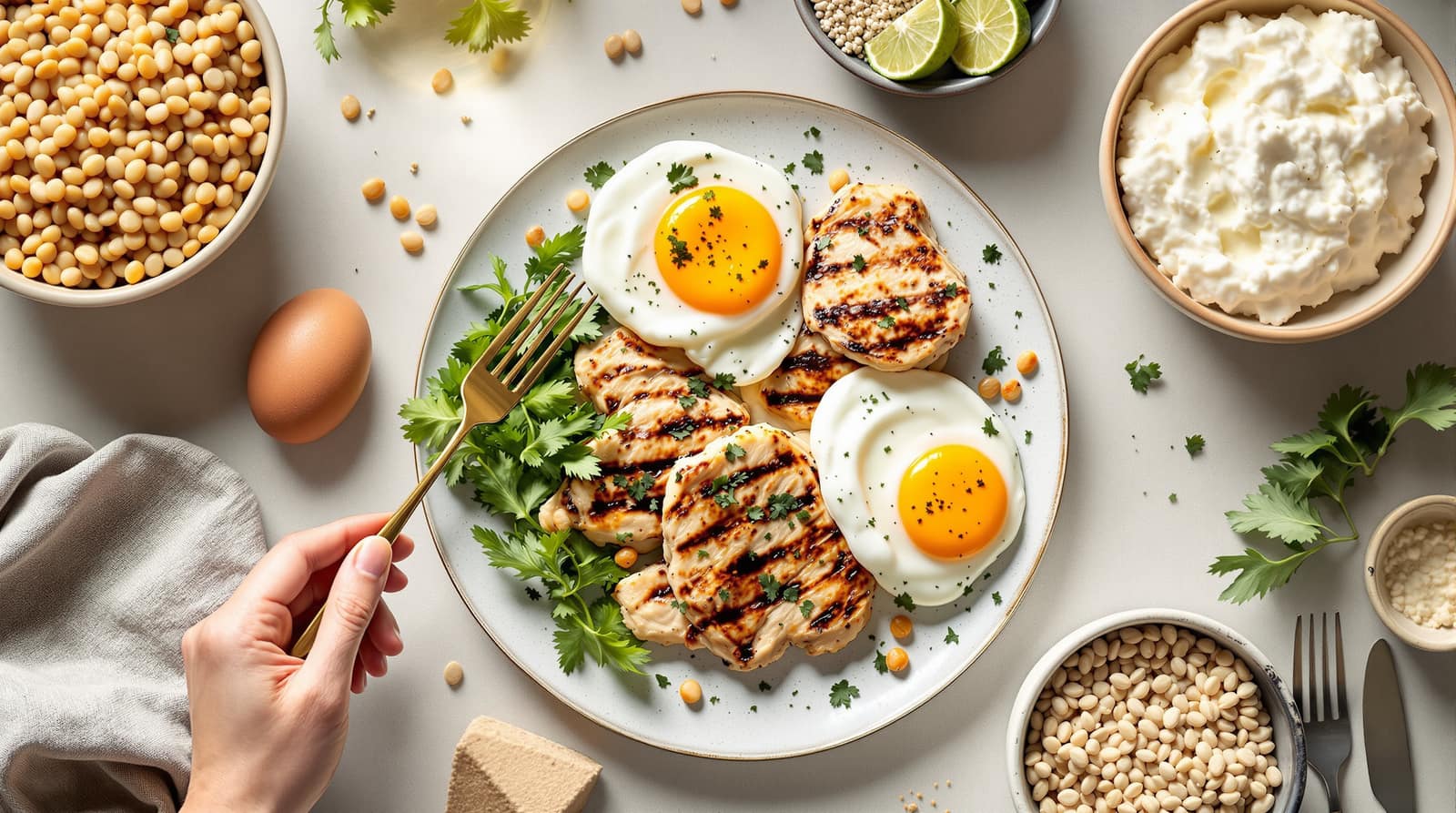 An overhead flat lay of grilled chicken, eggs, yogurt and legumes on a neutral surface in natural light