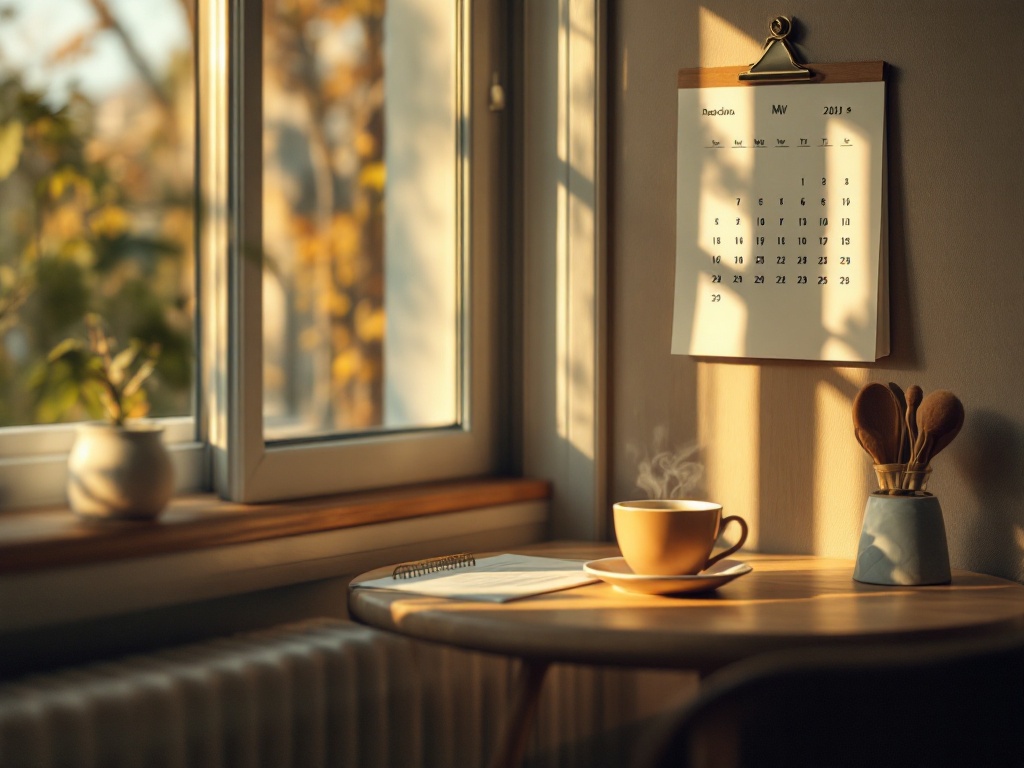 A wall calendar and a cup of tea on a warm wooden table beside a window
