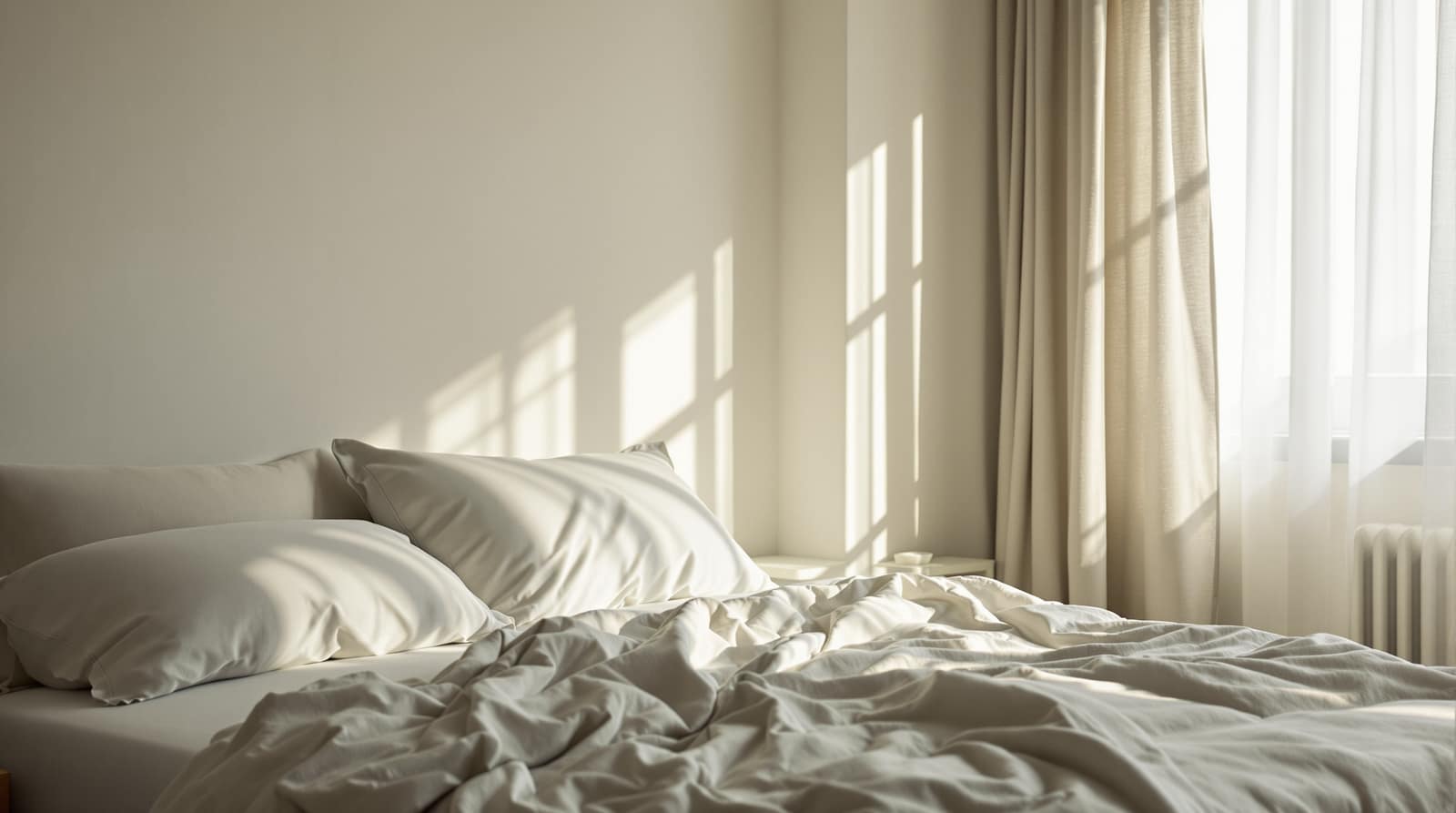 A calm minimalist bedroom with a made bed and soft morning light through linen curtains