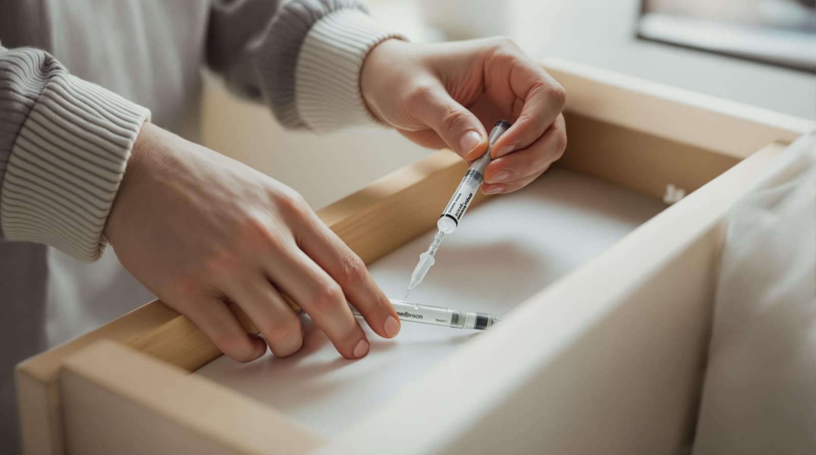 Hands gently placing an unbranded injection pen into an open drawer in soft daylight