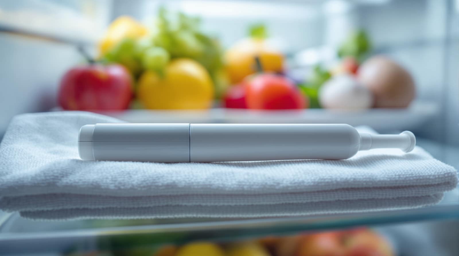An unbranded injection pen in its open carton on a refrigerator shelf beside fresh produce in cool light