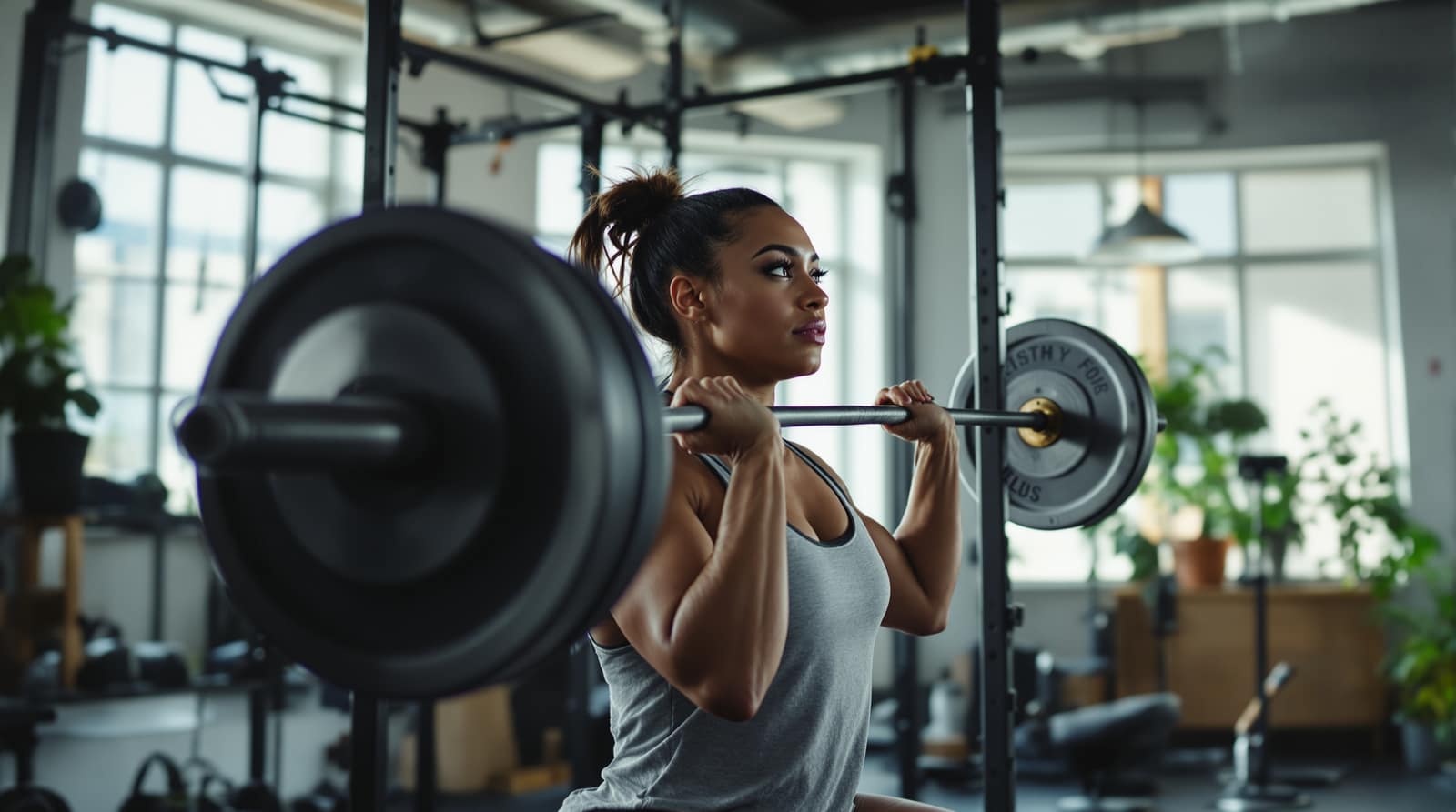 A person mid-lift with a barbell in a bright airy gym, candid documentary shot in natural light