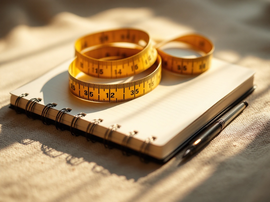 A measuring tape and a notebook arranged on a textured neutral surface in soft light