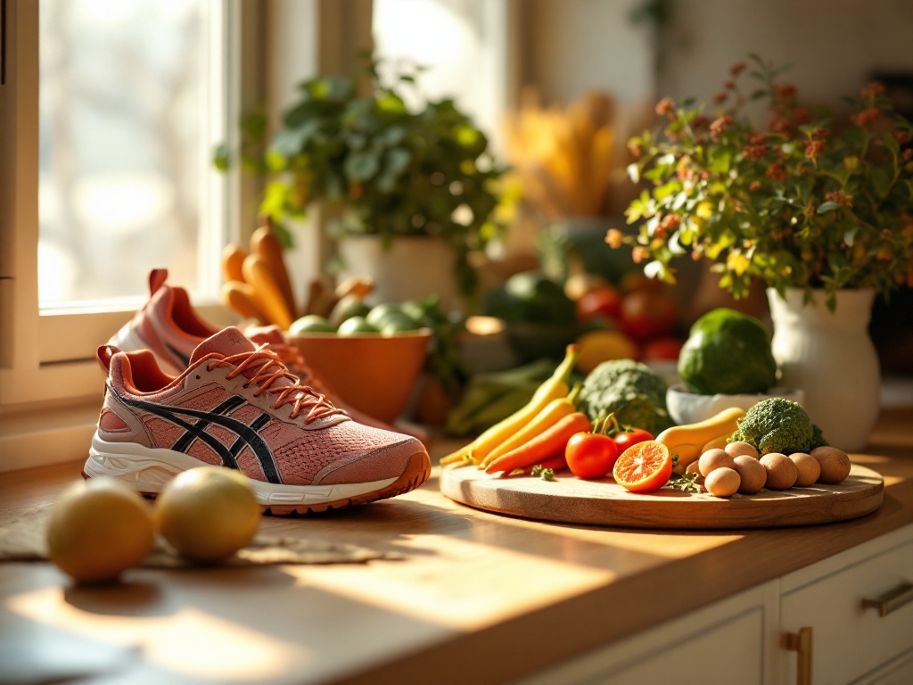Walking shoes and fresh whole foods on a wooden kitchen counter in warm daylight