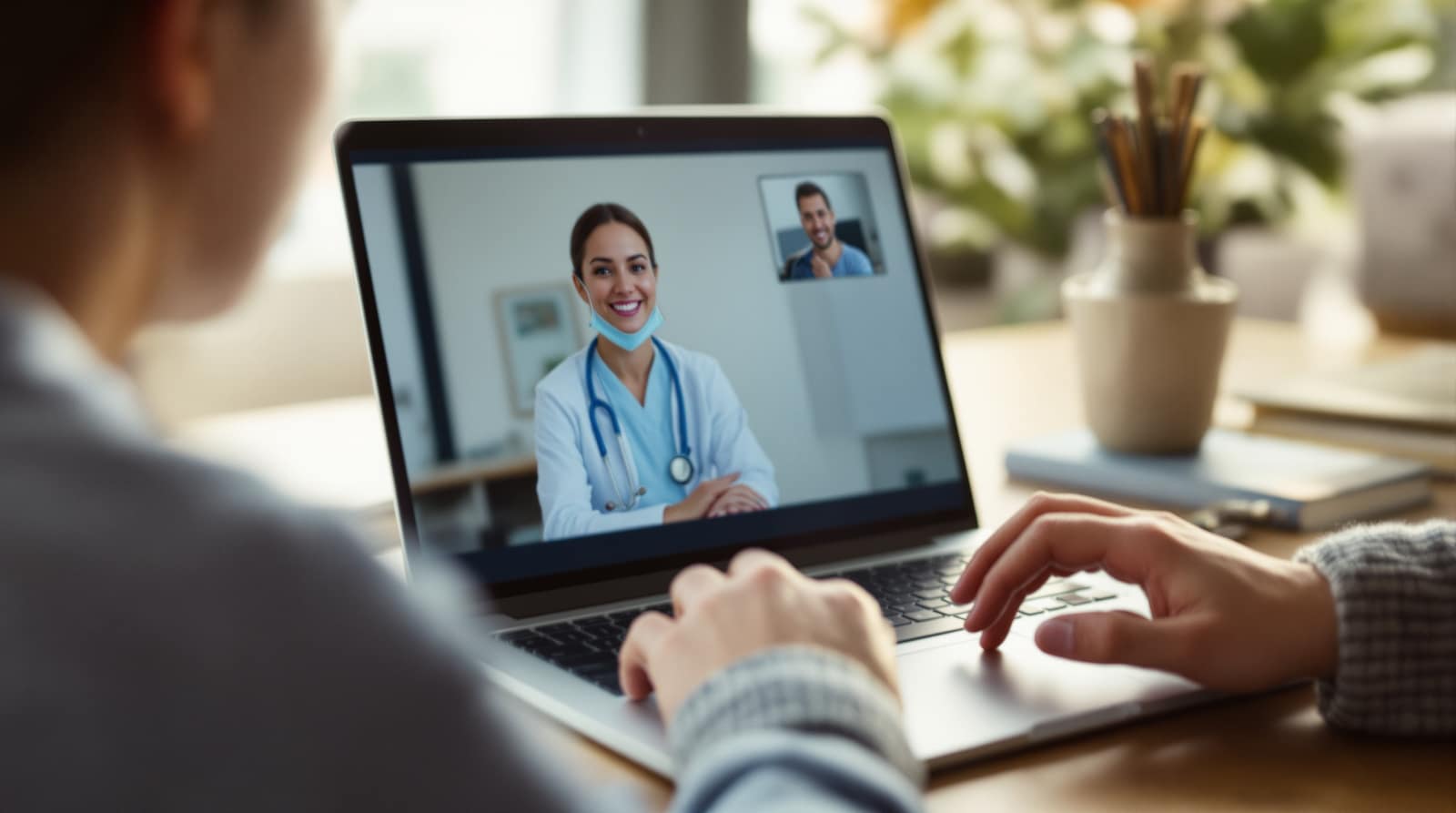 A laptop on a home desk showing a blurred video call with a clinician in warm natural light