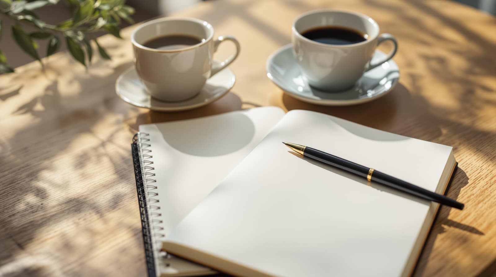 An unbranded injection pen resting on an open notebook on a wooden desk in soft daylight