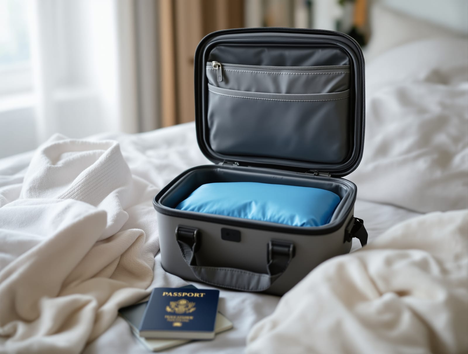 A small insulated medical travel case with a cool pack open beside a passport on a bright table in soft daylight