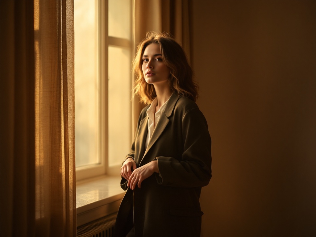 A person standing relaxed and confident by a sunlit window in warm natural light