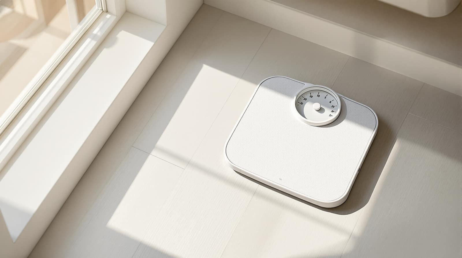 A simple bathroom scale on a pale wood floor beside a sunlit window