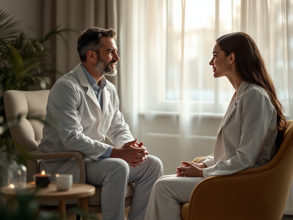 A plastic surgeon talking with a seated patient in a bright modern consultation room