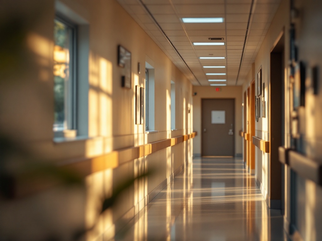 A calm modern hospital corridor with daylight through the windows
