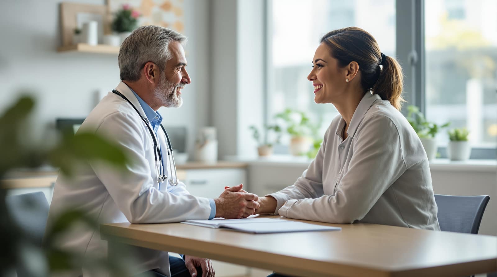 A doctor and patient seated talking across a desk in a bright modern clinic